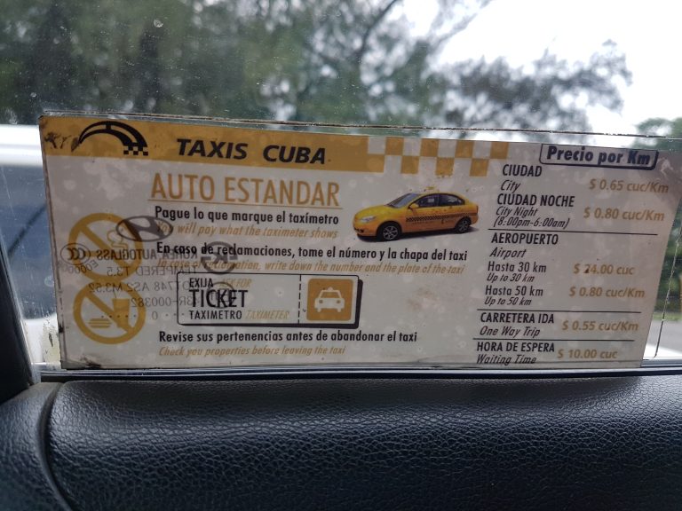 official posted rates for taxi in Havana